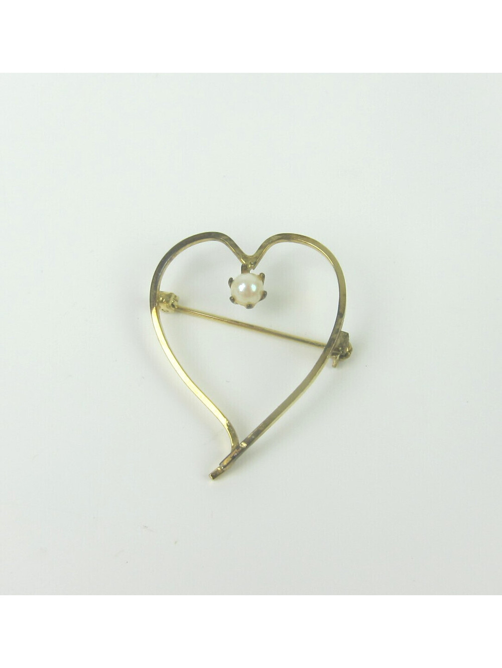 Vintage Heart Pin Brooch 1.4" Gold tone Faux Pearl Open Heart Scarf Lapel Pin